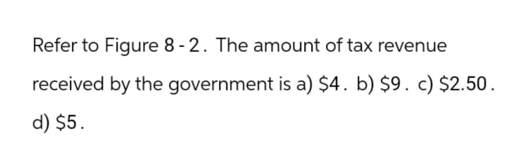 Refer to Figure 8-2. The amount of tax revenue
received by the government is a) $4. b) $9. c) $2.50.
d) $5.