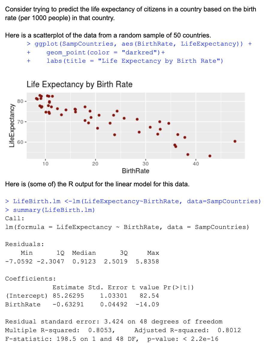 Consider trying to predict the life expectancy of citizens in a country based on the birth
rate (per 1000 people) in that country.
Here is a scatterplot of the data from a random sample of 50 countries.
> ggplot (SampCountries, aes (BirthRate, LifeExpectancy)) +
geom_point (color = "darkred")+
labs (title = "Life Expectancy by Birth Rate")
+
Life Expectancy by Birth Rate
80 -
70 -
10
20
30
40
BirthRate
Here is (some of) the R output for the linear model for this data.
> LifeBirth.lm <-lm (LifeExpectancy~BirthRate, data=SampCountries)
> summary (LifeBirth. lm)
Call:
Im (formula =
LifeExpectancy
BirthRate, data = SampCountries)
Residuals:
Min
10
Median
30
Маx
-7.0592 -2.3047
0.9123
2.5019
5.8358
Coefficients:
Estimate Std. Error t value Pr(>|t|)
(Intercept) 85.26295
1.03301
82.54
BirthRate
-0.63291
0.04492
-14.09
Residual standard error: 3.424 on 48 degrees of freedom
Multiple R-squared:
0.8053,
Adjusted R-squared:
0.8012
F-statistic: 198.5 on 1 and 48 DF,
p-value: < 2.2e-16
LifeExpectancy
