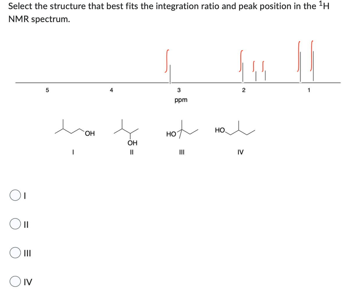 Select the structure that best fits the integration ratio and peak position in the ¹H
NMR spectrum.
5
4
3
2
1
ppm
Hot
|||
O II
O III
OIV
OH
OH
||
НО,
IV
