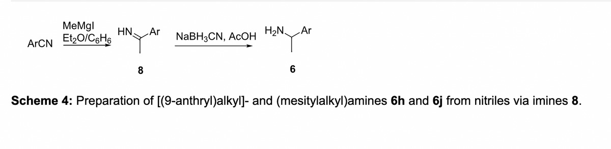 ArCN
MeMgl
Et₂O/C6H6
HN Ar
NaBH3CN, AcOH
H₂N
Ar
6
Scheme 4: Preparation of [(9-anthryl)alkyl]- and (mesitylalkyl)amines 6h and 6j from nitriles via imines 8.