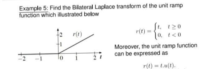 Example 5: Find the Bilateral Laplace transform of the unit ramp
function which illustrated below
t, t20
0, t<0
r(t) =
r(t)
Moreover, the unit ramp function
can be expressed as
2 1
r(t) = t.u(t).
