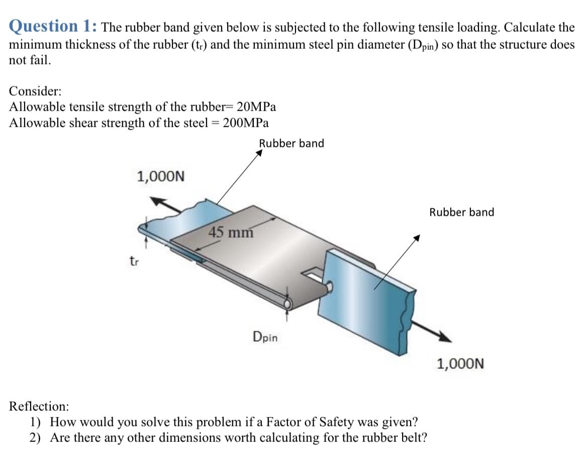 Question 1: The rubber band given below is subjected to the following tensile loading. Calculate the
minimum thickness of the rubber (tr) and the minimum steel pin diameter (Dpin) so that the structure does
not fail.
Consider:
Allowable tensile strength of the rubber=20MPa
Allowable shear strength of the steel = 200MPa
1,000N
tr
45 mm
Rubber band
Dpin
Reflection:
1) How would you solve this problem if a Factor of Safety was given?
2) Are there any other dimensions worth calculating for the rubber belt?
Rubber band
1,000N