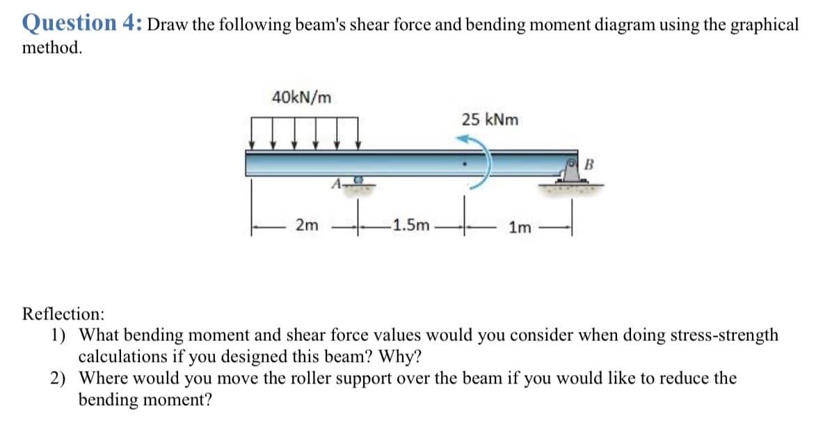 Question 4: Draw the following beam's shear force and bending moment diagram using the graphical
method.
40kN/m
2m
1.5m
25 kNm
1m
B
Reflection:
1) What bending moment and shear force values would you consider when doing stress-strength
calculations if you designed this beam? Why?
2) Where would you move the roller support over the beam if you would like to reduce the
bending moment?