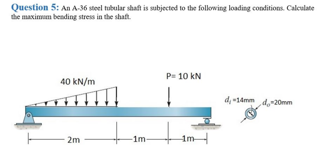 Question 5: An A-36 steel tubular shaft is subjected to the following loading conditions. Calculate
the maximum bending stress in the shaft.
40 kN/m
2m
1m
P= 10 KN
-1m-
d₁ =14mm d=20mm