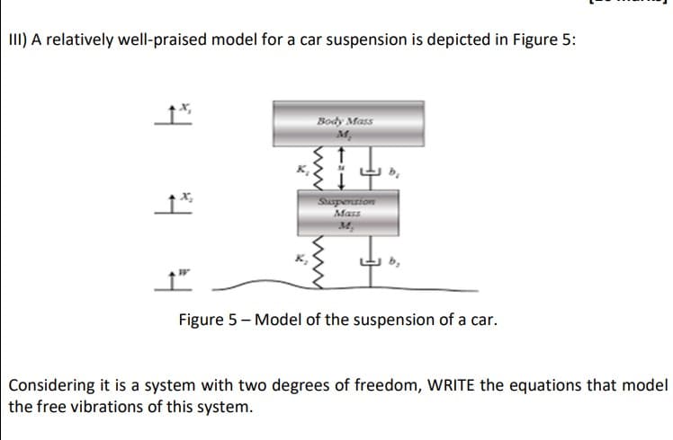 III) A relatively well-praised model for a car suspension is depicted in Figure 5:
4
4
Body Mass
MW
Suspension
Mass
b₂
↑"
Figure 5 - Model of the suspension of a car.
Considering it is a system with two degrees of freedom, WRITE the equations that model
the free vibrations of this system.