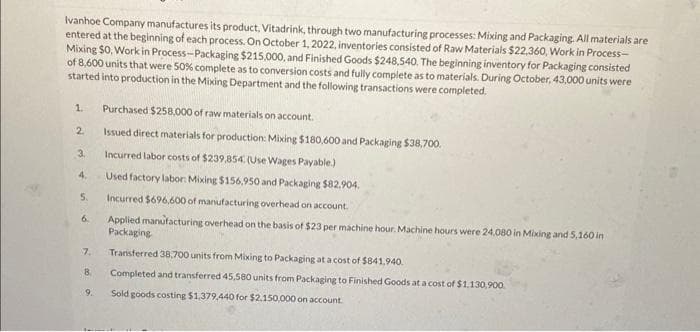Ivanhoe Company manufactures its product, Vitadrink, through two manufacturing processes: Mixing and Packaging. All materials are
entered at the beginning of each process. On October 1, 2022, inventories consisted of Raw Materials $22,360, Work in Process-
Mixing $0, Work in Process-Packaging $215,000, and Finished Goods $248,540. The beginning inventory for Packaging consisted
of 8,600 units that were 50% complete as to conversion costs and fully complete as to materials. During October, 43,000 units were
started into production in the Mixing Department and the following transactions were completed.
1.
2
3.
4.
5.
6.
7.
8.
9.
Purchased $258,000 of raw materials on account.
Issued direct materials for production: Mixing $180,600 and Packaging $38,700.
Incurred labor costs of $239,854 (Use Wages Payable.)
Used factory labor: Mixing $156,950 and Packaging $82.904.
Incurred $696,600 of manufacturing overhead on account.
Applied manufacturing overhead on the basis of $23 per machine hour. Machine hours were 24,080 in Mixing and 5,160 in
Packaging
Transferred 38,700 units from Mixing to Packaging at a cost of $841,940.
Completed and transferred 45,580 units from Packaging to Finished Goods at a cost of $1,130,900
Sold goods costing $1,379,440 for $2.150,000 on account.