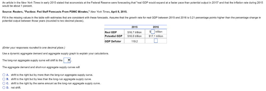An article in the New York Times in early 2015 stated that economists at the Federal Reserve were forecasting that "real GDP would expand at a faster pace than potential output in 2015 and that the inflation rate during 2015
would be about 1 percent.
Source: Reuters, "Factbox: Fed Staff Forecasts From FOMC Minutes," New York Times, April 8, 2015.
Fill in the missing values in the table with estimates that are consistent with these forecasts. Assume that the growth rate for real GDP between 2015 and 2016 is 0.21 percentage points higher than the percentage change in
potential output between those years (rounded to two decimal places).
Real GDP
Potential GDP
GDP Deflator
(Enter your responses rounded to one decimal place.)
Use a dynamic aggregate demand and aggregate supply graph to explain your calculations.
The long-run aggregate supply curve will shift to the
The aggregate demand and short-run aggregate supply curves will
A. shift to the right but by more than the long-run aggregate supply curve.
OB. shift to the right but by less than the long-run aggregate supply curve.
OC. shift to the right by the same amount as the long-run aggregate supply curve.
OD. not shift.
2015
$16.7 trillion
$16.8 trillion
119.2
2016
$ trillion
$17.1 trillion
||