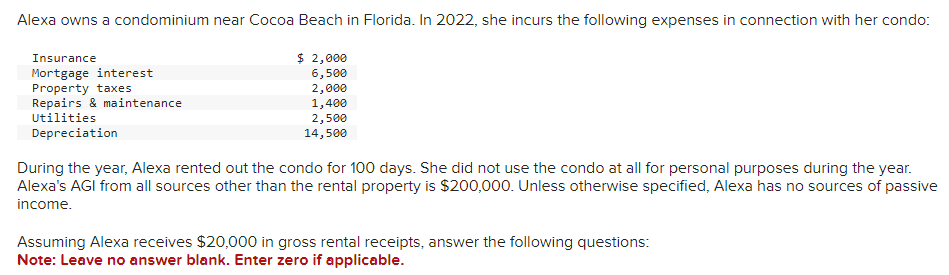Alexa owns a condominium near Cocoa Beach in Florida. In 2022, she incurs the following expenses in connection with her condo:
$ 2,000
6,500
Insurance
Mortgage interest
Property taxes
Repairs & maintenance
Utilities
Depreciation
2,000
1,400
2,500
14,500
During the year, Alexa rented out the condo for 100 days. She did not use the condo at all for personal purposes during the year.
Alexa's AGI from all sources other than the rental property is $200,000. Unless otherwise specified, Alexa has no sources of passive
income.
Assuming Alexa receives $20,000 in gross rental receipts, answer the following questions:
Note: Leave no answer blank. Enter zero if applicable.