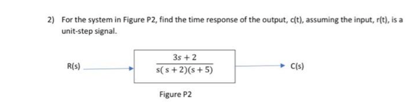 2) For the system in Figure P2, find the time response of the output, c(t), assuming the input, r(t), is a
unit-step signal.
3s +2
R(s)
s( s + 2)(s+ 5)
C(s)
Figure P2
