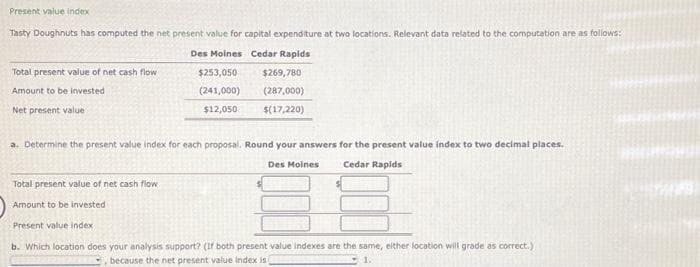 Present value index
Tasty Doughnuts has computed the net present value for capital expenditure at two locations. Relevant data related to the computation are as follows:
Des Moines Cedar Rapids
$253,050
(241,000)
$12,050
Total present value of net cash flow
Amount to be invested
Net present value
$269,780
(287,000)
$(17,220)
a. Determine the present value index for each proposal. Round your answers for the present value index to two decimal places.
Des Moines
Cedar Rapids
Total present value of net cash flow
Amount to be invested
Present value index
b. Which location does your analysis support? (If both present value indexes are the same, either location will grade as correct.)
1.
because the net present value index is