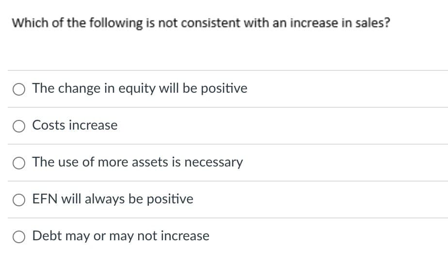 Which of the following is not consistent with an increase in sales?
The change in equity will be positive
O Costs increase
O The use of more assets is necessary
EFN will always be positive
O Debt may or may not increase