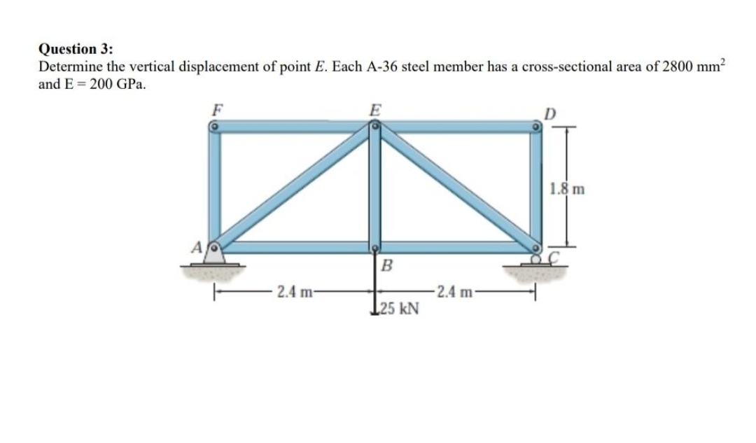 Question 3:
Determine the vertical displacement of point E. Each A-36 steel member has a cross-sectional area of 2800 mm²
and E 200 GPa.
F
2.4 m-
B
L25 kN
2.4 m
D
1.8 m