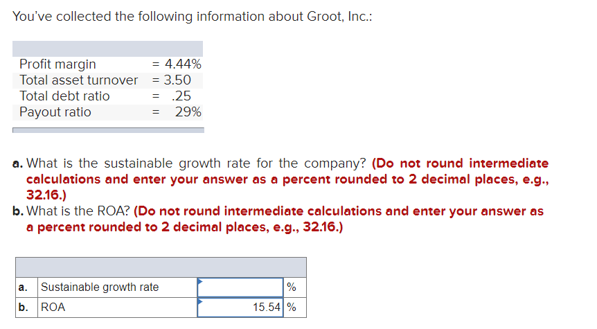 You've collected the following information about Groot, Inc.:
Profit margin
Total asset turnover
Total debt ratio
Payout ratio
= 4.44%
= 3.50
= .25
=
29%
a. What is the sustainable growth rate for the company? (Do not round intermediate
calculations and enter your answer as a percent rounded to 2 decimal places, e.g.,
32.16.)
b. What is the ROA? (Do not round intermediate calculations and enter your answer as
a percent rounded to 2 decimal places, e.g., 32.16.)
a. Sustainable growth rate
b. ROA
%
15.54 %
