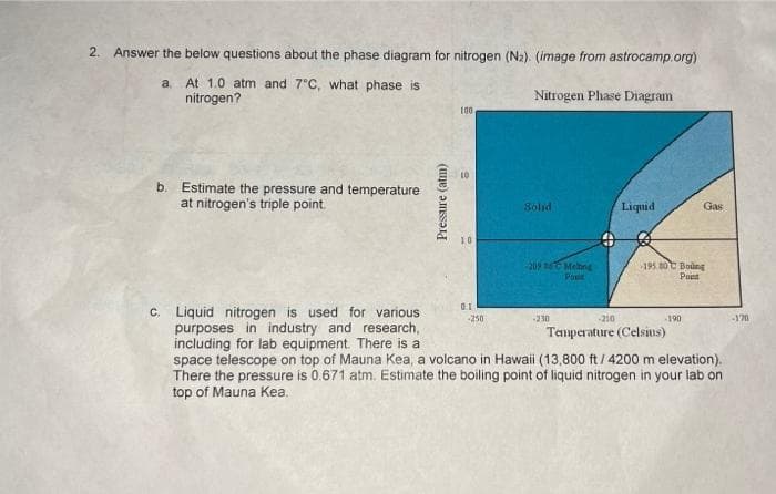 2. Answer the below questions about the phase diagram for nitrogen (N₂). (image from astrocamp.org)
a. At 1.0 atm and 7°C, what phase is
nitrogen?
Nitrogen Phase Diagram
b. Estimate the pressure and temperature
at nitrogen's triple point.
Pressure (atm)
100
9
10
0.1
Solid
-250
-209 16 Mehing
Fown
-230
Liquid
-210
Temperature (Celsius)
c. Liquid nitrogen is used for various
purposes in industry and research,
including for lab equipment. There is a
space telescope on top of Mauna Kea, a volcano in Hawaii (13,800 ft/4200 m elevation).
There the pressure is 0.671 atm. Estimate the boiling point of liquid nitrogen in your lab on
top of Mauna Kea.
Gas
195 107 Boàng
Port
-190
-170
