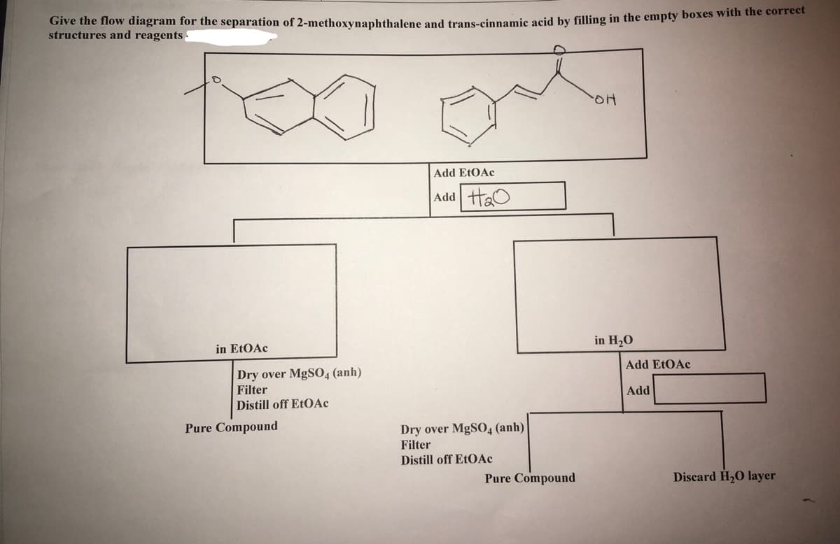 Give the flow diagram for the separation of 2-methoxvnaphthalene and trans-cinnamic acid by filling in the empty boxes with the correct
structures and reagents
OH
Add EtOAc
Add HaO
in H20
in EtOAc
Add EtOAc
Dry over MgSO, (anh)
Filter
Add
Distill off E1OAC
Dry over MgS0, (anh)
Filter
Distill off E10AC
Pure Compound
Pure Compound
Discard H,0 layer
