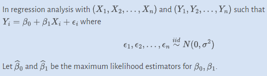 In regression analysis with (X₁, X₂,..., X₂) and (Y₁, Y₂, …, Y) such that
Y₁ = Bo + B₁X₁ + €; where
id N (0,0²)
Let 3 and 3₁ be the maximum likelihood estimators for 30, 3₁.
€1, €2,..., En