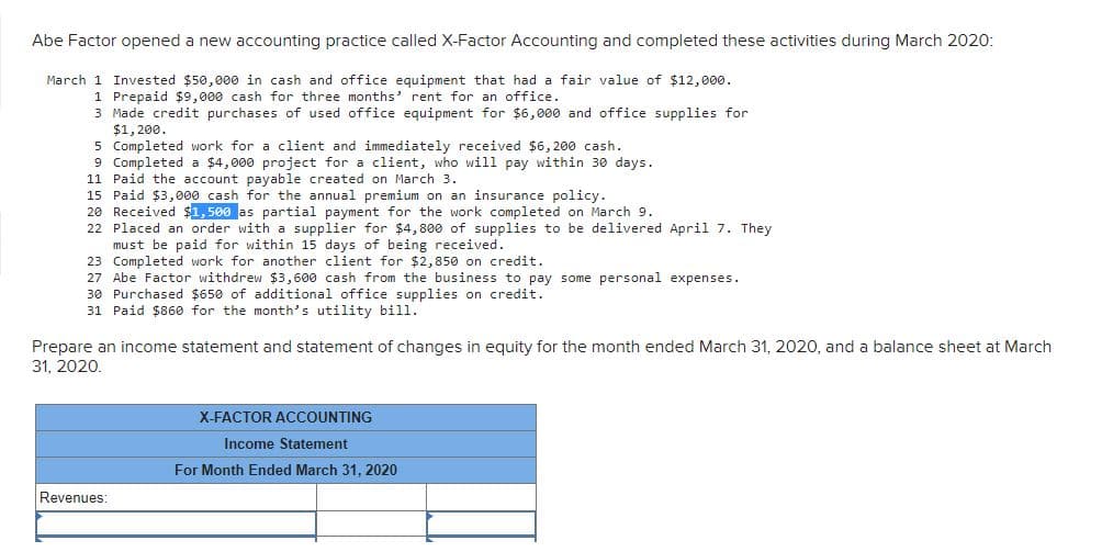 Abe Factor opened a new accounting practice called X-Factor Accounting and completed these activities during March 2020:
March 1 Invested $50,000 in cash and office equipment that had a fair value of $12,000.
1 Prepaid $9,000 cash for three months' rent for an office.
3 Made credit purchases of used office equipment for $6,000 and office supplies for
$1, 200.
5 Completed work for a client and immediately received $6, 200 cash.
9 Completed a $4,000 project for a client, who will pay within 30 days.
11 Paid the account payable created on March 3.
15 Paid $3, 000 cash for the annual premium on an insurance policy.
20 Received $1, 500 as partial payment for the work completed on March 9.
22 Placed an order with a supplier for $4,800 of supplies to be delivered April 7. They
must be paid for within 15 days of being received.
23 Completed work for another client for $2,850 on credit.
27 Abe Factor withdrew $3,600 cash from the business to pay some personal expenses.
30 Purchased $650 of additional office supplies on credit.
31 Paid $860 for the month's utility bill.
Prepare an income statement and statement of changes in equity for the month ended March 31, 2020, and a balance sheet at March
31, 2020.
X-FACTOR ACCOUNTING
Income Statement
For Month Ended March 31, 2020
Revenues:
