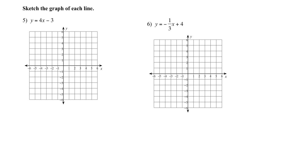 Sketch the graph of each line.
5) y = 4x - 3
6 5 4 3 2 1
Ay
1
6) y = -x + 4
3
-6
--2-1
Ay
x