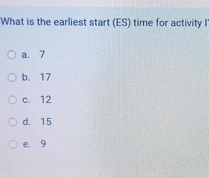 What is the earliest start (ES) time for activity I
O a. 7
O b. 17
O c. 12
O d. 15
O e. 9