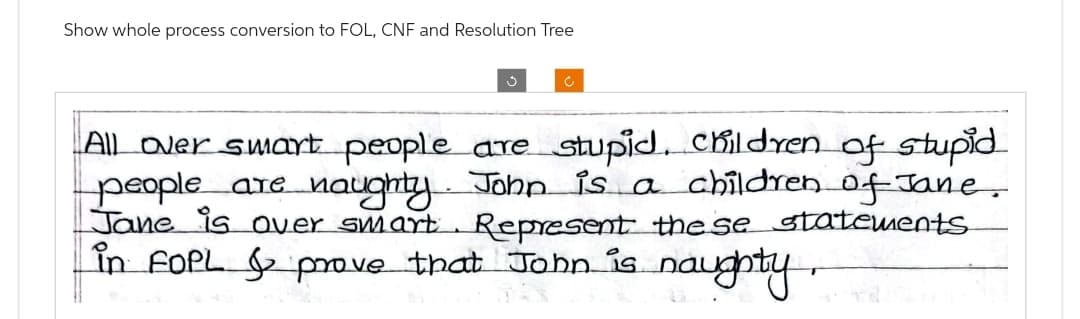 Show whole process conversion to FOL, CNF and Resolution Tree
All over smart people are stupid. children of stupid
people are naughty. John is a children of Jane.
Jane is over smart. Represent these statements
in FOPL & prove that John is naughty.
