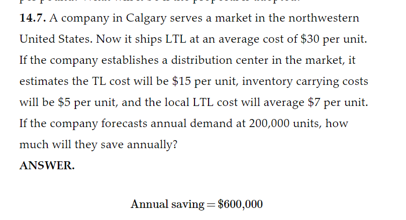 14.7. A company in Calgary serves a market in the northwestern
United States. Now it ships LTL at an average cost of $30 per unit.
If the company establishes a distribution center in the market, it
estimates the TL cost will be $15 per unit, inventory carrying costs
will be $5 per unit, and the local LTL cost will average $7
per unit.
If the company forecasts annual demand at 200,000 units, how
much will they save annually?
ANSWER.
Annual saving = $600,000