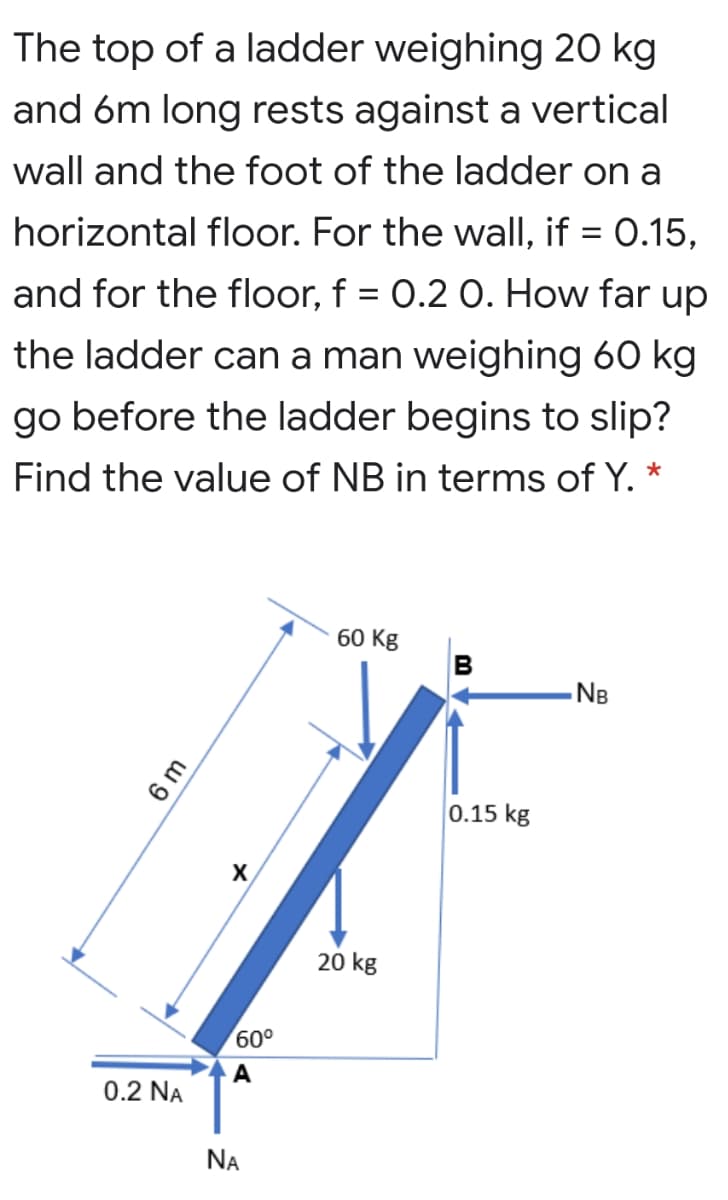 The top of a ladder weighing 20 kg
and 6m long rests against a vertical
wall and the foot of the ladder on a
horizontal floor. For the wall, if = 0.15,
and for the floor, f = O.2 O. How far up
the ladder can a man weighing 60 kg
go before the ladder begins to slip?
Find the value of NB in terms of Y. *
60 Kg
B
-NB
0.15 kg
X
20 kg
60°
0.2 NA
NA
