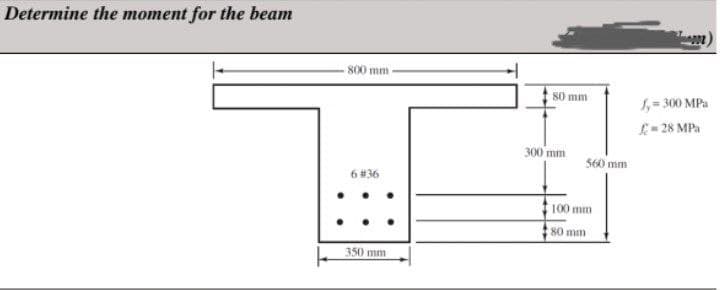 Determine the moment for the beam
800 mm
6 #36
350 mm
80 mm
300 mm
560 mm
100 mm
80 mm
fy=300 MPa
£=28 MPa