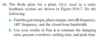 26. The Bode plots for a plant, G(s), used in a unity
feedback system are shown in Figure P10.7. Do the
following:
a. Find the gain margin, phase margin, zero dB frequency,
180° frequency, and the closed-loop bandwidth.
b. Use your results in Part a to estimate the damping
ratio, percent overshoot, settling time, and peak time.