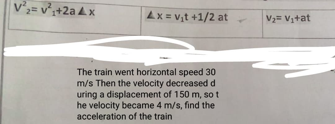 v²,= v°+2a4x
4x= Vt +1/2 at
V2= V1+at
The train went horizontal speed 30
m/s Then the velocity decreased d
uring a displacement of 150 m, so t
he velocity became 4 m/s, find the
acceleration of the train

