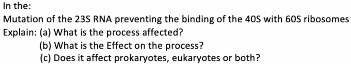 In the:
Mutation of the 23S RNA preventing the binding of the 40S with 60S ribosomes
Explain: (a) What is the process affected?
(b) What is the Effect on the process?
(c) Does it affect prokaryotes, eukaryotes or both?
