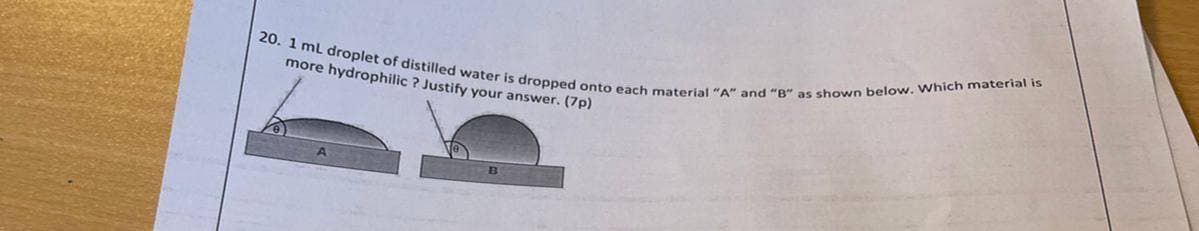 20. 1 ml droplet of distilled water is dropped onto each material "A" and "B" as shown below. Which material is
more hydrophilic ? Justify your answer. (7p)
