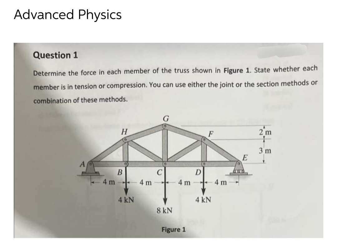 Advanced Physics
Question 1
Determine the force in each member of the truss shown in Figure 1. State whether each
member is in tension or compression. You can use either the joint or the section methods or
combination of these methods.
4 m
H
B
4 kN
4 m
8 kN
D
Figure 1
F
4m 4m
4 kN
E
2 m
3 m