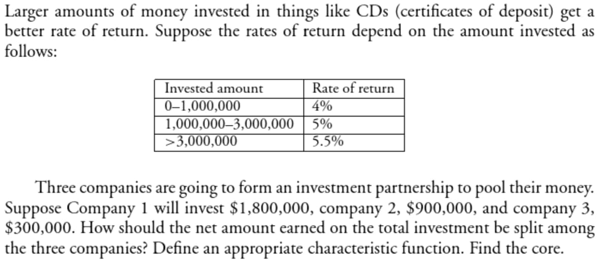 Larger amounts of money invested in things like CDs (certificates of deposit) get a
better rate of return. Suppose the rates of return depend on the amount invested as
follows:
Invested amount
Rate of return
0-1,000,000
4%
1,000,000–3,000,000 5%
>3,000,000
5.5%
Three companies are going to form an investment partnership to pool their money.
Suppose Company 1 will invest $1,800,000, company 2, $900,000, and company 3,
$300,000. How should the net amount earned on the total investment be split among
the three companies? Define an appropriate characteristic function. Find the core.