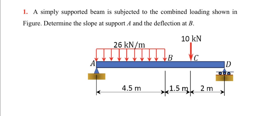 1. A simply supported beam is subjected to the combined loading shown in
Figure. Determine the slope at support A and the deflection at B.
10 kN
26 kN/m
B
|D
A
4.5 m
1.5
2 m
