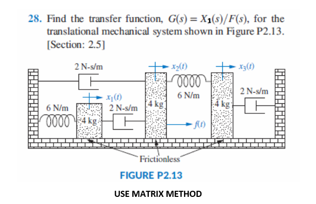 28. Find the transfer function, G(s) = X1(s)/F(s), for the
translational mechanical system shown in Figure P2.13.
[Section: 2.5]
2 N-s/m
X3(1)
2 N-s/m
(1)'x-
[4 kg
2 N-s/m
6 N/m
6 N/m
4 kg
0000 4 kg
"Frictionless
FIGURE P2.13
USE MATRIX METHOD
