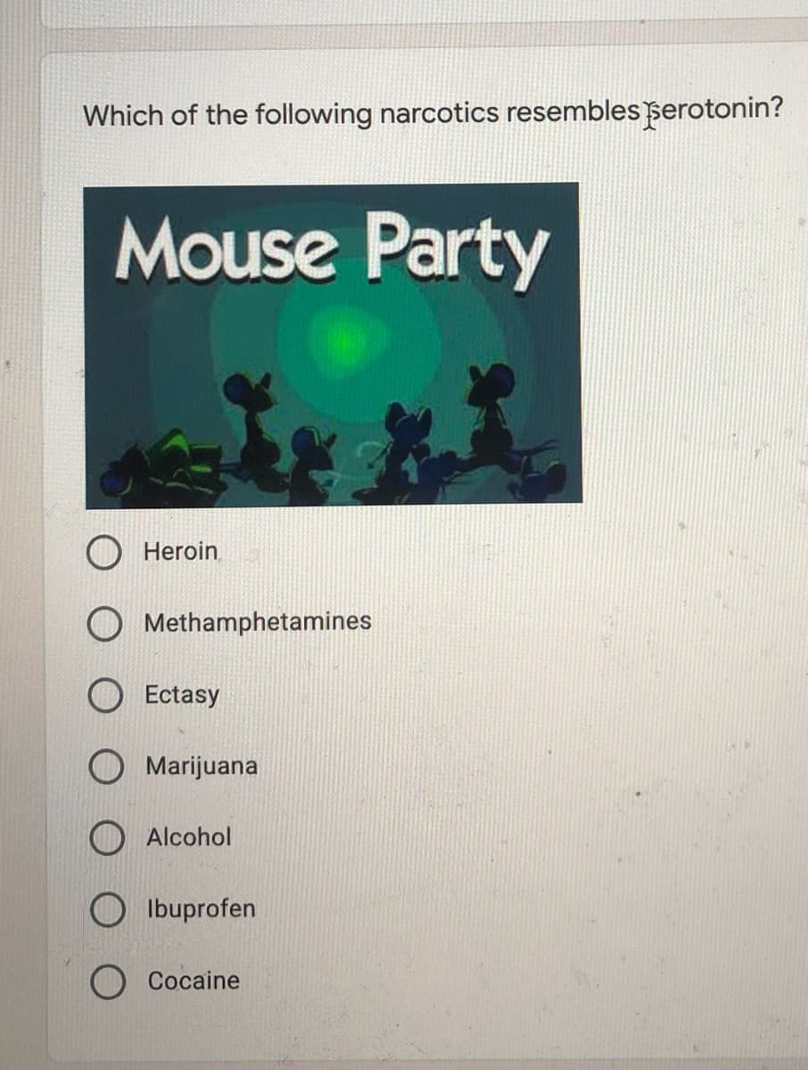 Which of the following narcotics resembles serotonin?
Mouse Party
Heroin
Methamphetamines
Ectasy
Marijuana
Alcohol
Ibuprofen
Cocaine
