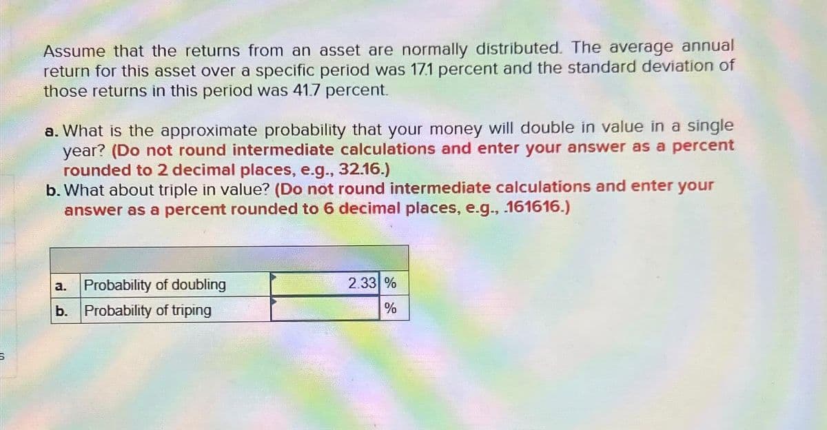Assume that the returns from an asset are normally distributed. The average annual
return for this asset over a specific period was 17.1 percent and the standard deviation of
those returns in this period was 41.7 percent.
a. What is the approximate probability that your money will double in value in a single
year? (Do not round intermediate calculations and enter your answer as a percent
rounded to 2 decimal places, e.g., 32.16.)
b. What about triple in value? (Do not round intermediate calculations and enter your
answer as a percent rounded to 6 decimal places, e.g., 161616.)
Probability of doubling
b. Probability of triping
2.33 %
%