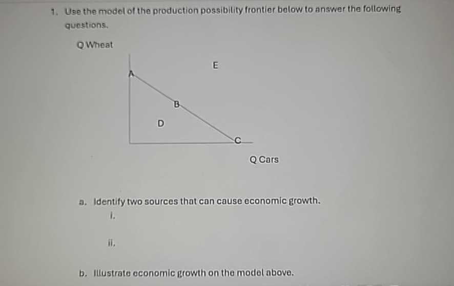 1. Use the model of the production possibility frontier below to answer the following
questions.
QWheat
D
B
E
C
Q Cars
a. Identify two sources that can cause economic growth.
1.
ii.
b. Illustrate economic growth on the model above.