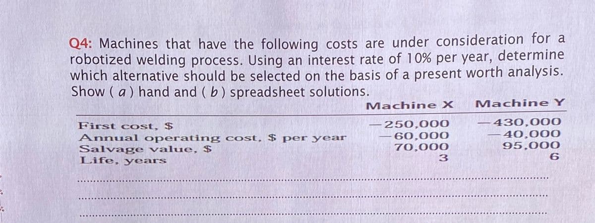 Q4: Machines that have the following costs are under consideration for a
robotized welding process. Using an interest rate of 10% per year, determine
which alternative should be selected on the basis of a present worth analysis.
Show (a) hand and (b) spreadsheet solutions.
First cost, $
Annual operating cost, $ per year
Salvage value, $
Life, years
Machine X
250,000
Machine Y
430,000
60,000
40,000
70,000
95,000
3
6