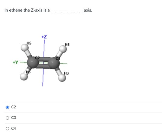 In ethene the Z-axis is a
C2
O
H5
+Z
H4
C3
C4
H3
H6
axis.
