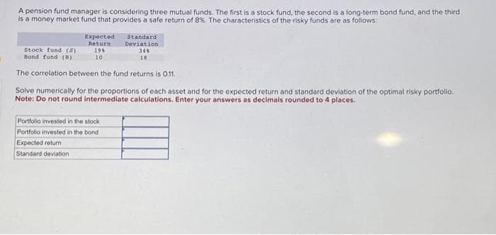 A pension fund manager is considering three mutual funds. The first is a stock fund, the second is a long-term bond fund, and the third
is a money market fund that provides a safe return of 8%. The characteristics of the risky funds are as follows:
Expected
Return
198
10
Standard
Deviation
34%
18
Stock fund (5)
Bond fund (B)
The correlation between the fund returns is 0.11.
Solve numerically for the proportions of each asset and for the expected return and standard deviation of the optimal risky portfolio.
Note: Do not round intermediate calculations. Enter your answers as decimals rounded to 4 places.
Portfolio invested in the stock
Portfolio invested in the bond
Expected return
Standard deviation