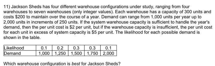 11) Jackson Sheds has four different warehouse configurations under study, ranging from four
warehouses to seven warehouses (only integer values). Each warehouse has a capacity of 300 units and
costs $200 to maintain over the course of a year. Demand can range from 1,000 units per year up to
2,000 units in increments of 250 units. If the system warehouse capacity is sufficient to handle the year's
demand, then the per unit cost is $2 per unit, but if the warehouse capacity is insufficient, the per unit cost
for each unit in excess of system capacity is $5 per unit. The likelihood for each possible demand is
shown in the table.
Likelihood
Demand
0.1
0.2
1,000 1,250 1,500 1,750 2,000
0.3 0.3 0.1
Which warehouse configuration is best for Jackson Sheds?