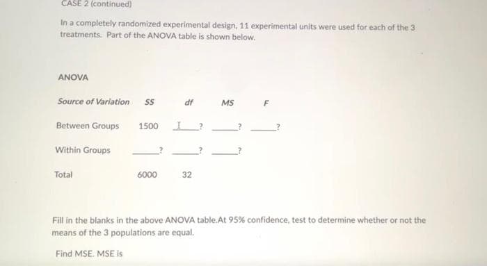 CASE 2 (continued)
In a completely randomized experimental design, 11 experimental units were used for each of the 3
treatments. Part of the ANOVA table is shown below.
ANOVA
Source of Variation SS
Between Groups
Within Groups
Total
1500
6000
df
I?
32
MS
F
?
Fill in the blanks in the above ANOVA table.At 95% confidence, test to determine whether or not the
means of the 3 populations are equal.
Find MSE. MSE is