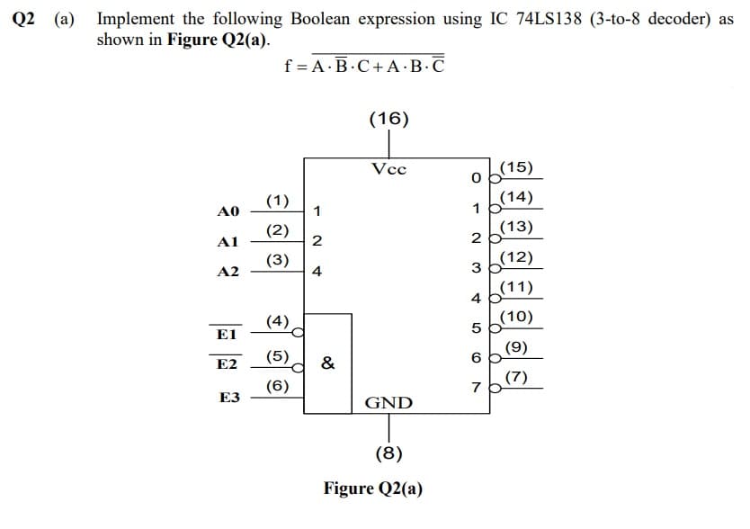 Q2 (a) Implement the following Boolean expression using IC 74LS138 (3-to-8 decoder) as
shown in Figure Q2(a).
f = A·B.C+A ·B..
(16)
Vcc
(15)
(1)
1
(14)
A0
(2)
2
(13)
A1
(3)
4
(12)
A2
3
(11)
4
(4)
(10)
5
E1
(5)
(9)
6
E2
&
(6)
(7)
7
ЕЗ
GND
(8)
Figure Q2(a)
