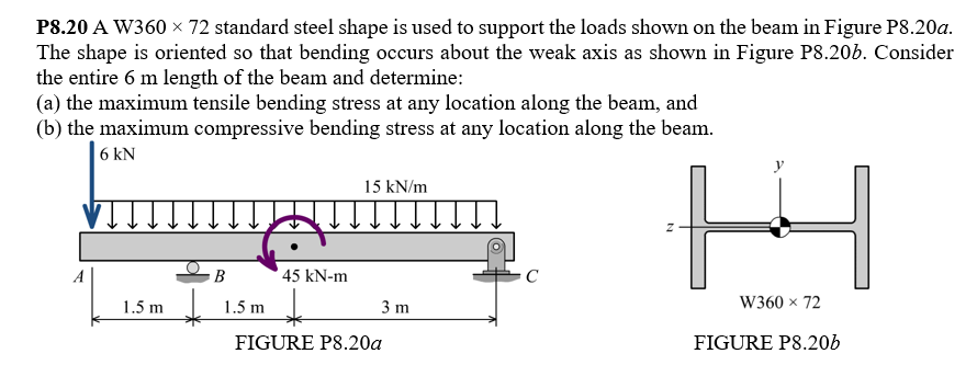 P8.20 A W360 x 72 standard steel shape is used to support the loads shown on the beam in Figure P8.20a.
The shape is oriented so that bending occurs about the weak axis as shown in Figure PS.20b. Consider
the entire 6 m length of the beam and determine:
(a) the maximum tensile bending stress at any location along the beam, and
(b) the maximum compressive bending stress at any location along the beam.
|6 kN
15 kN/m
В
' 45 kN-m
1.5 m
1.5 m I
3 m
W360 x 72
FIGURE P8.20a
FIGURE P8.20b
