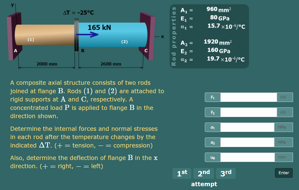 A,
960 mm?
ΔΤ
-25°C
E1
80 GPa
165 kN
a1 =
15.7 x10-/°C
(1)
(2)
А, —
1920 mm?
E, =
160 GPa
19.7 x10/°C
2000 mm
2600 mm
A composite axial structure consists of two rods
joined at flange B. Rods (1) and (2) are attached to
rigid supports at A and C, respectively. A
concentrated load P is applied to flange B in the
F1
kN
F2
kN
direction shown.
Determine the internal forces and normal stresses
01
MPа
in each rod after the temperature changes by the
indicated AT. (+= tension, – = compression)
02
MPa
Also, determine the deflection of flange B in the x
direction. (+ = right,
UB
mm
= left)
1st
2nd
3rd
Enter
attempt
Rod properties
I| ||||
