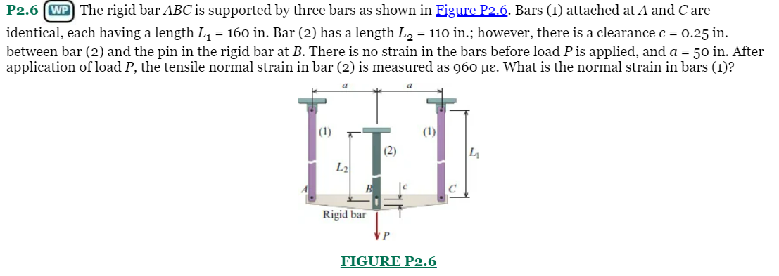 P2.6 (WP The rigid bar ABC is supported by three bars as shown in Figure P2.6. Bars (1) attached at A and C are
identical, each having a length L, = 160 in. Bar (2) has a length L2 = 110 in.; however, there is a clearance c = 0.25 in.
between bar (2) and the pin in the rigid bar at B. There is no strain in the bars before load P is applied, and a = 50 in. After
application of load P, the tensile normal strain in bar (2) is measured as 960 µɛ. What is the normal strain in bars (1)?
(1)
(1)
(2)
A
Rigid bar
FIGURE P2.6

