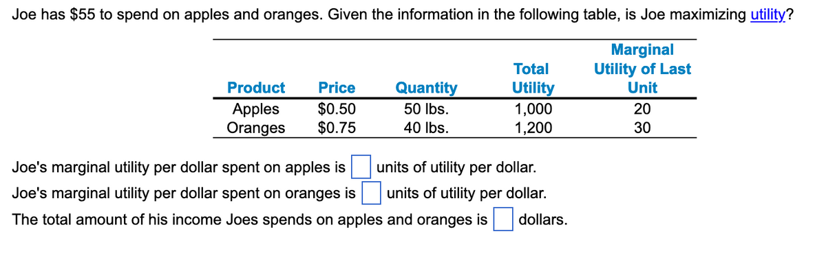 Joe has $55 to spend on apples and oranges. Given the information in the following table, is Joe maximizing utility?
Marginal
Utility of Last
Unit
Product Price
$0.50
Apples
Oranges $0.75
Quantity
50 lbs.
40 lbs.
Joe's marginal utility per dollar spent on apples is
Joe's marginal utility per dollar spent on oranges is
The total amount of his income Joes spends on apples and oranges is
Total
Utility
1,000
1,200
units of utility per dollar.
units of utility per dollar.
dollars.
20
30