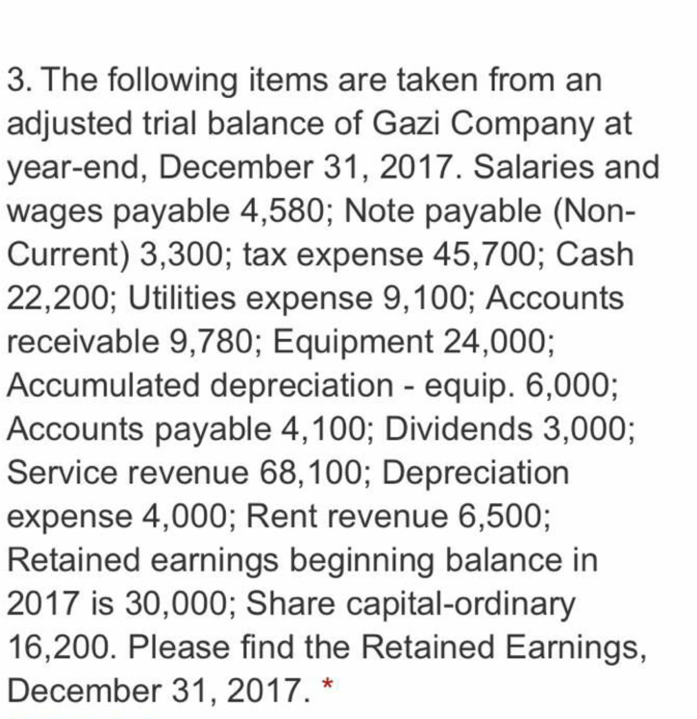 3. The following items are taken from an
adjusted trial balance of Gazi Company at
year-end, December 31, 2017. Salaries and
wages payable 4,580; Note payable (Non-
Current) 3,300; tax expense 45,700; Cash
22,200; Utilities expense 9,100; Accounts
receivable 9,780; Equipment 24,000;
Accumulated depreciation - equip. 6,000;
Accounts payable 4,100; Dividends 3,000;
Service revenue 68,100; Depreciation
expense 4,000; Rent revenue 6,500;
Retained earnings beginning balance in
2017 is 30,000; Share capital-ordinary
16,200. Please find the Retained Earnings,
December 31, 2017. *
