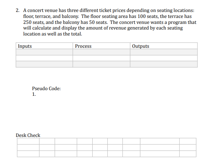 2. A concert venue has three different ticket prices depending on seating locations:
floor, terrace, and balcony. The floor seating area has 100 seats, the terrace has
250 seats, and the balcony has 50 seats. The concert venue wants a program that
will calculate and display the amount of revenue generated by each seating
location as well as the total.
Inputs
Pseudo Code:
1.
Desk Check
Process
Outputs